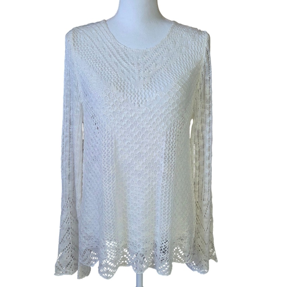 Boho Open Knit Crochet Lace Top Cream Ivory Sheer Festival Mesh Cover Up XL NEW